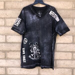 Men's Affliction Black Distressed Graphic V-Neck Tee XL